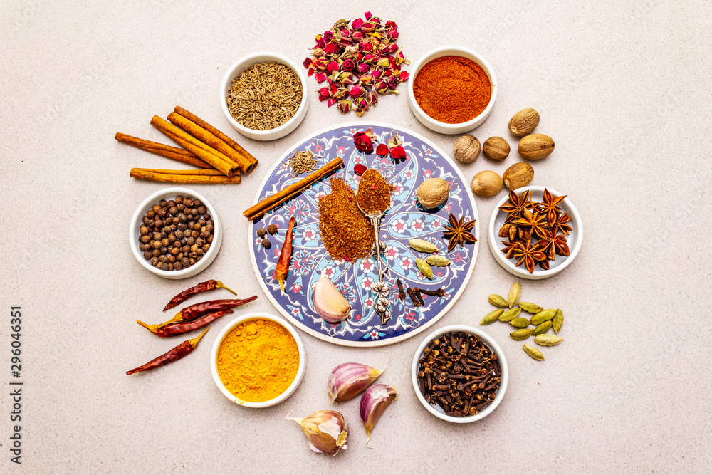 Ingredients for preparation oriental spice Ras el Hanout Ingredients for preparation oriental spice Ras el Hanout