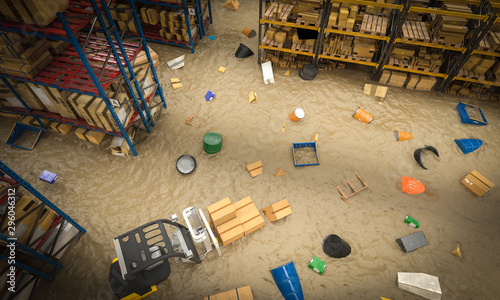 Foto interior of a warehouse full of goods damaged by a flood of water