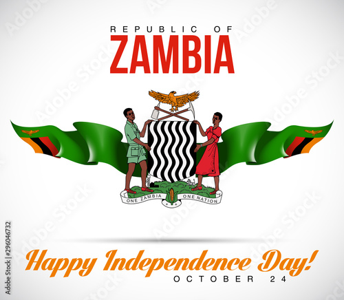 illustration banner with Zambia flag and coat of arms. October 24th National day of Zambia, 3d design. Celebration independence day 24 October. Lusaka. 