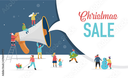 Christmas announcement, Merry christmas, Happy new year background, sale banner with scene of miniature people