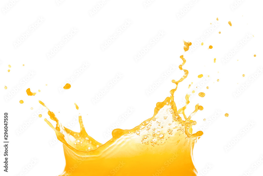 Splash of fresh orange juice on white background - obrazy, fototapety, plakaty 