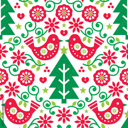 Christmas Scandinavian folk art seamless vector pattern with birds and flowers in red and green, festive Nordic fabric, textile design 	