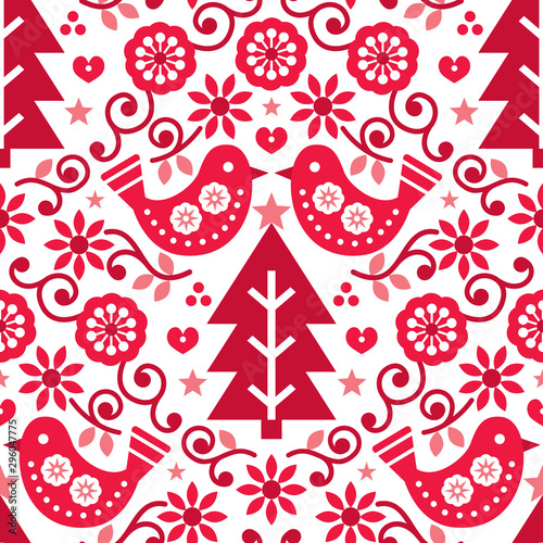 Christmas Scandinavian seamless vector pattern with birds and flowers in red, folk art Nordic fabric, textile design