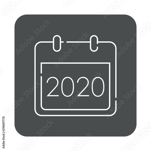 Icono plano lineal calendario con año 2020 en cuadrado color gris