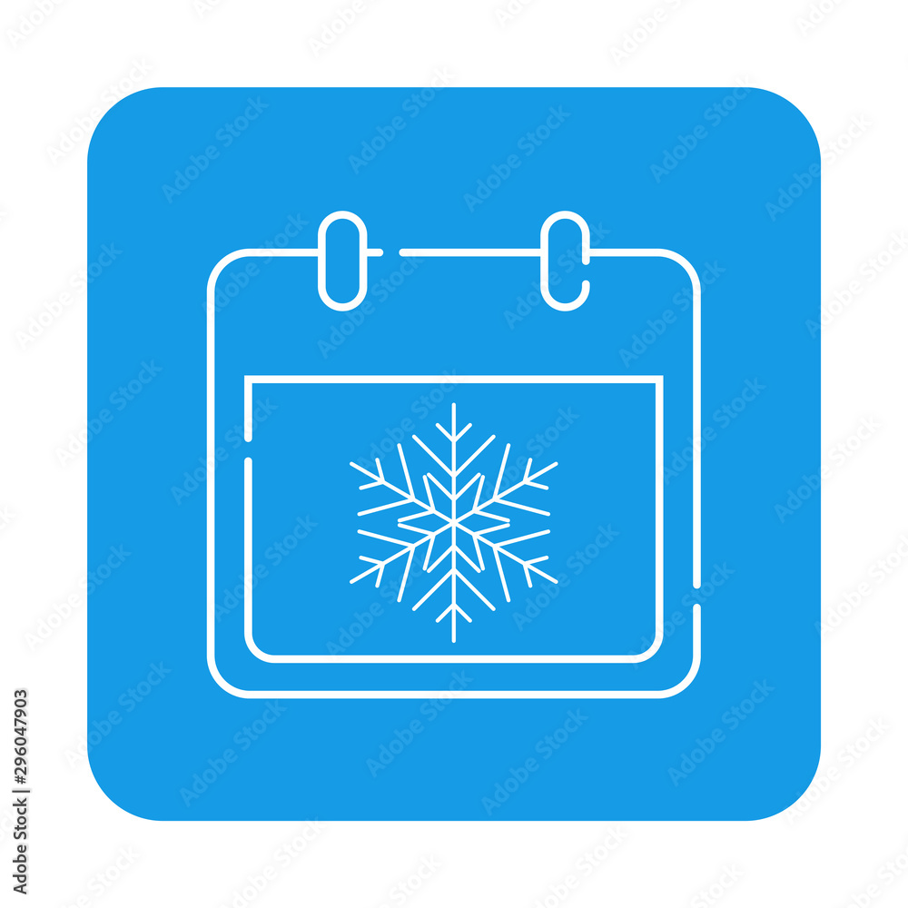 Icono plano lineal calendario con copo de nieve en cuadrado color azul Icono plano lineal calendario con copo de nieve en cuadrado color azul