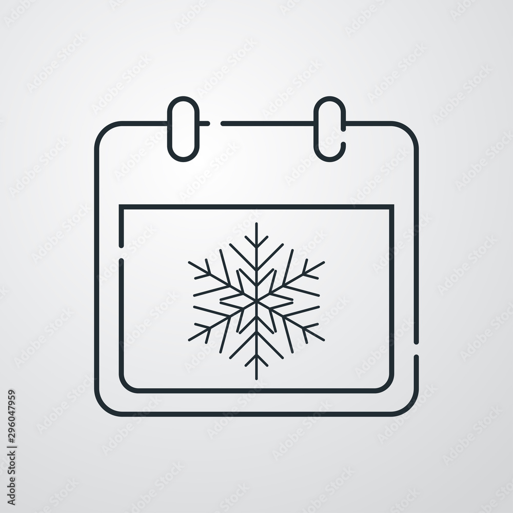 Icono plano lineal calendario con copo de nieve en fondo gris Icono plano lineal calendario con copo de nieve en fondo gris