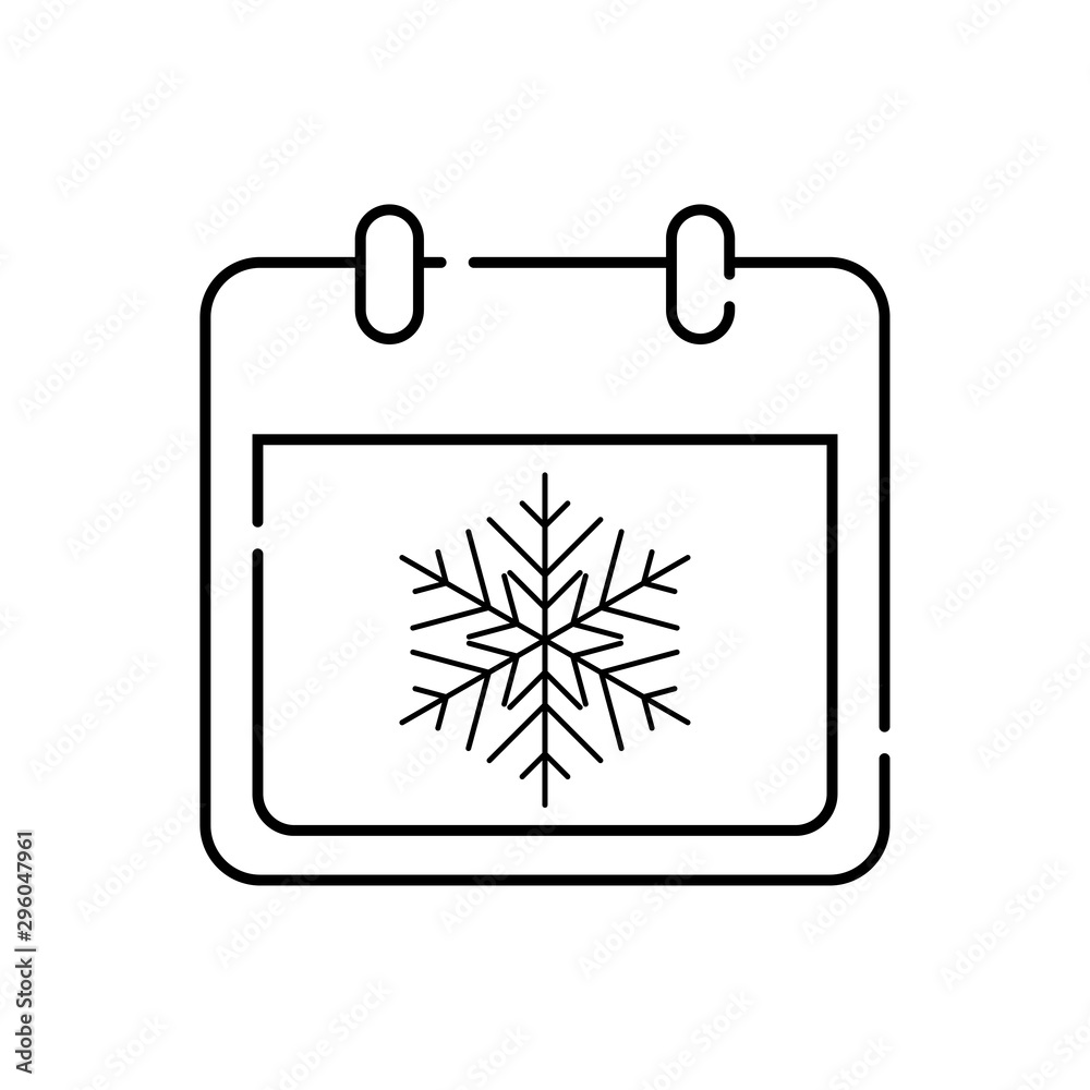 Icono plano lineal calendario con copo de nieve en color negro Icono plano lineal calendario con copo de nieve en color negro