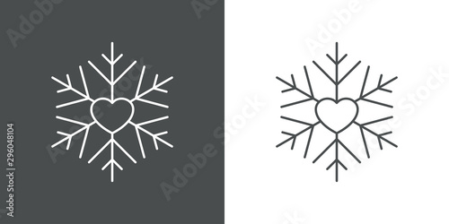 Icono plano lineal copo de nieve con corazón en gris y blanco