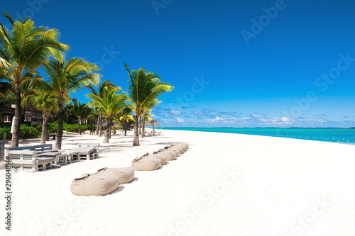 Tropical scenery - beautiful beach with blue ocean and clear sky of Mauritius island