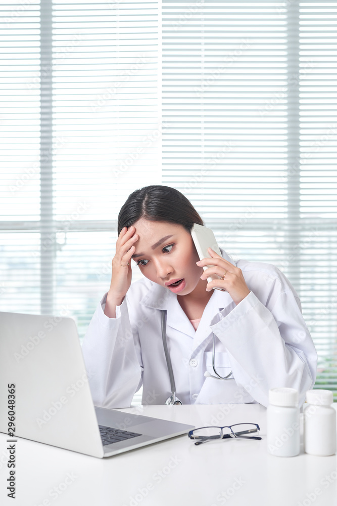 woman medical staff calling coworker nurse to ask problem of patient. woman medical staff calling coworker nurse to ask problem of patient.