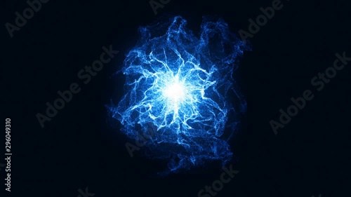 Blue glowing Abstract energy ball with fire on black background.