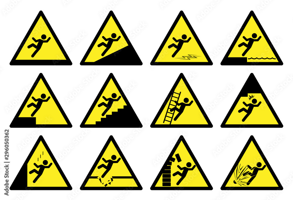 Set of safety signs. Collection of warning and caution signs. Vector illustration. Signs of danger and alerts. Set of safety signs. Collection of warning and caution signs. Vector illustration. Signs of danger and alerts.