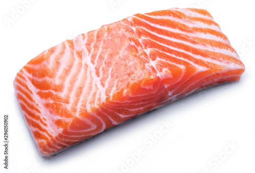 Fresh raw salmon fillet on white background.
