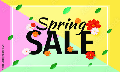 Spring sale background banner with beautiful colorful flower. Vector illustration.