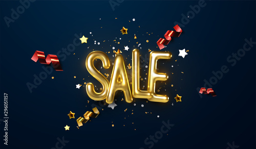 Sale banner design. Vector 3d illustration of promotional ad label. Realistic golden sale sign with festive confetti particles, shiny glitters, ribbons and stars. Wholesale or discount offer.