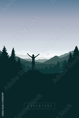 girl with raised arms in green forest with mountain landscape vector illustration EPS10