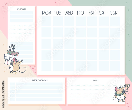 Monthly calendar planner page design template for children. Cute hand drawn little mouse character. Flat lay, mock up. Pastel colors. Back to school - vector illustration.