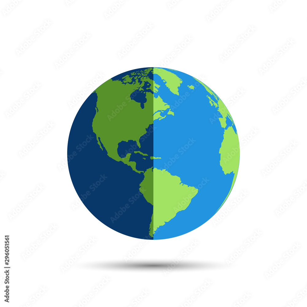 Earth globe icon in day and night. Earth globe vector icon with shadow, isolated on white background. World map in modern simple flat design. Planeta Earth icon. Globe symbol. World map isolated