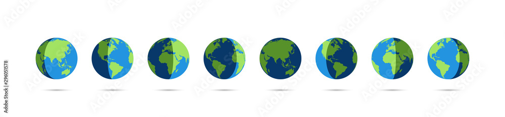 Set of Earth globe icons in day and night. Earth globe vector icons with shadow, isolated on white background. World maps in modern simple flat design. Planeta Earth icon. World map isolated