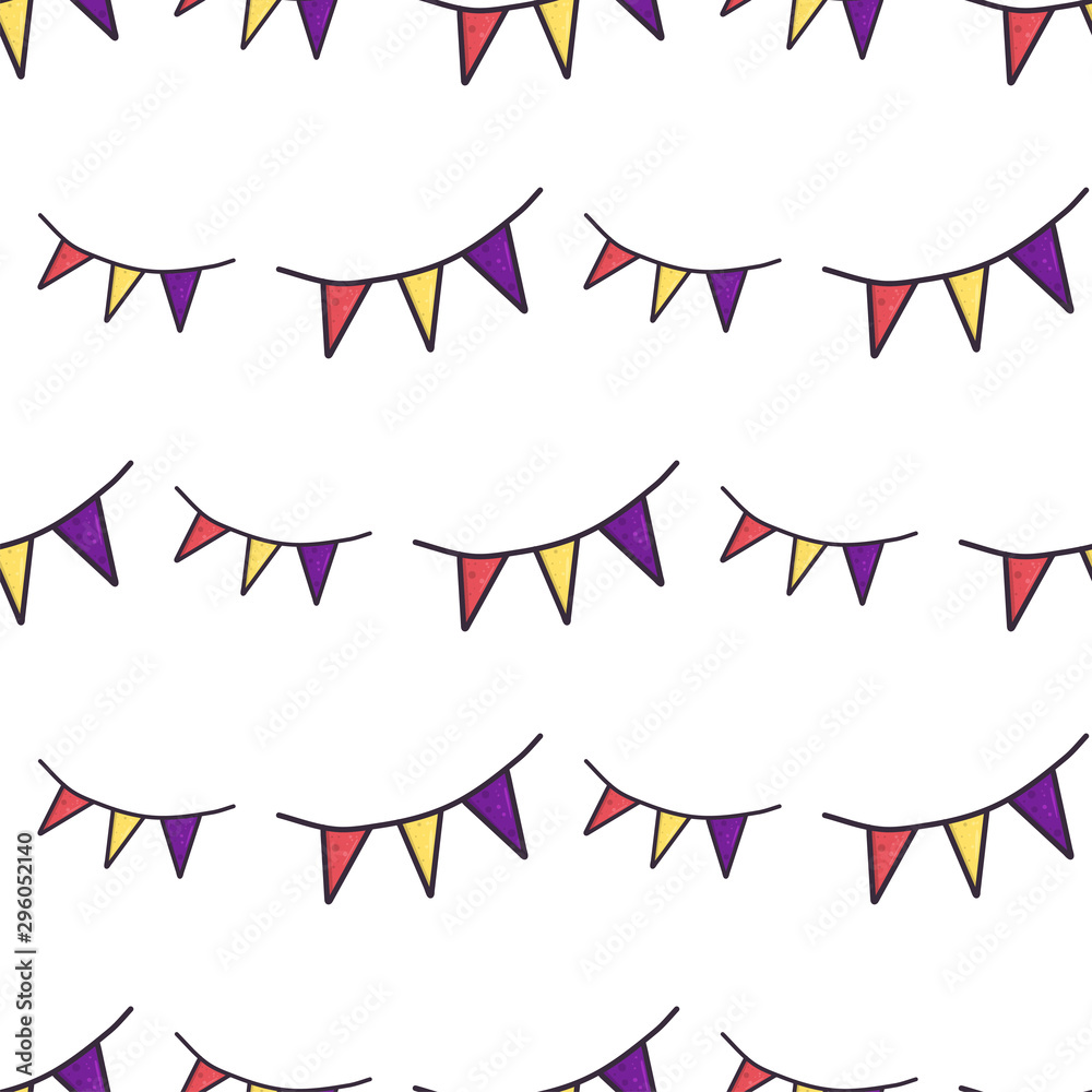 Seamless pattern with party, happy birthday flags. Event, festive decoration element. Textile design texture. Colorful background vector.