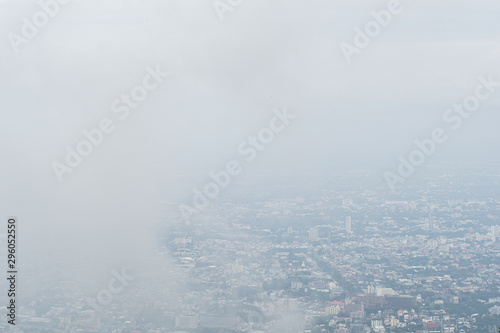 Smoke dust cover Chiangmai city, Thailand. Pollution and environment concept.