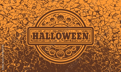 Stamp with Halloween text and pumpkins icons on cracked grunge background