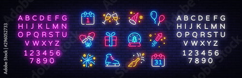 Big collectin New Year neon signs. Happy New Year Neon Icons Vector. Merry Christmas icons lights design template, modern trend design, night light signboard. Vector. Editing text neon sign