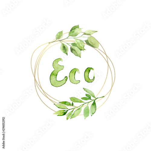 Fotografía Watercolor hand painted botany floral circle with eco lettering and elements ill