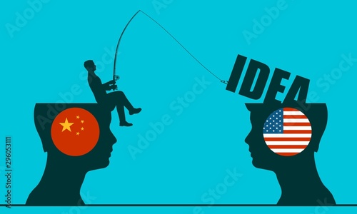 One businessman steal the idea from another. Commercial spying concept. National flags of USA and China
