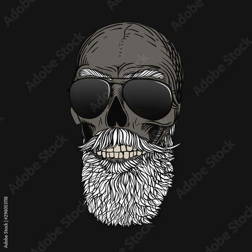 Bearded bald skull with gray hair and glasses. Stylish men's beard, biker view. Picture for halloween, barbershop and clothes.