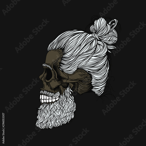 Gray-haired bearded skulll with hair wrapped in a bun. Stylish men's hairstyle and beard, profile view. Picture for halloween, barbershop and clothes.