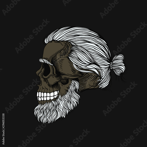 Gray-haired bearded skull, hair in a bun. Stylish men's hairstyle and beard. Picture for halloween, barbershop and clothes.