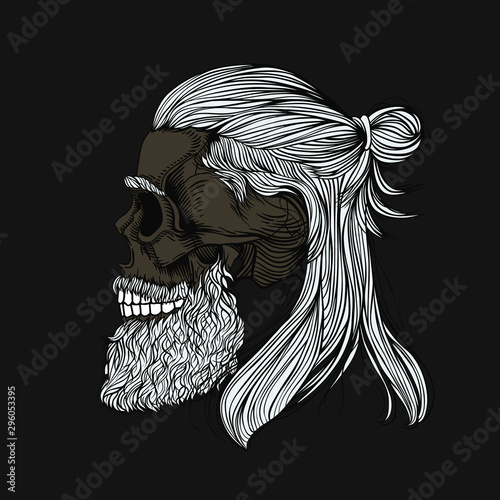 Gray-haired bearded skull, long hair wrapped in a bun. Stylish men's hairstyle and beard. Picture for halloween, barbershop and clothes.
