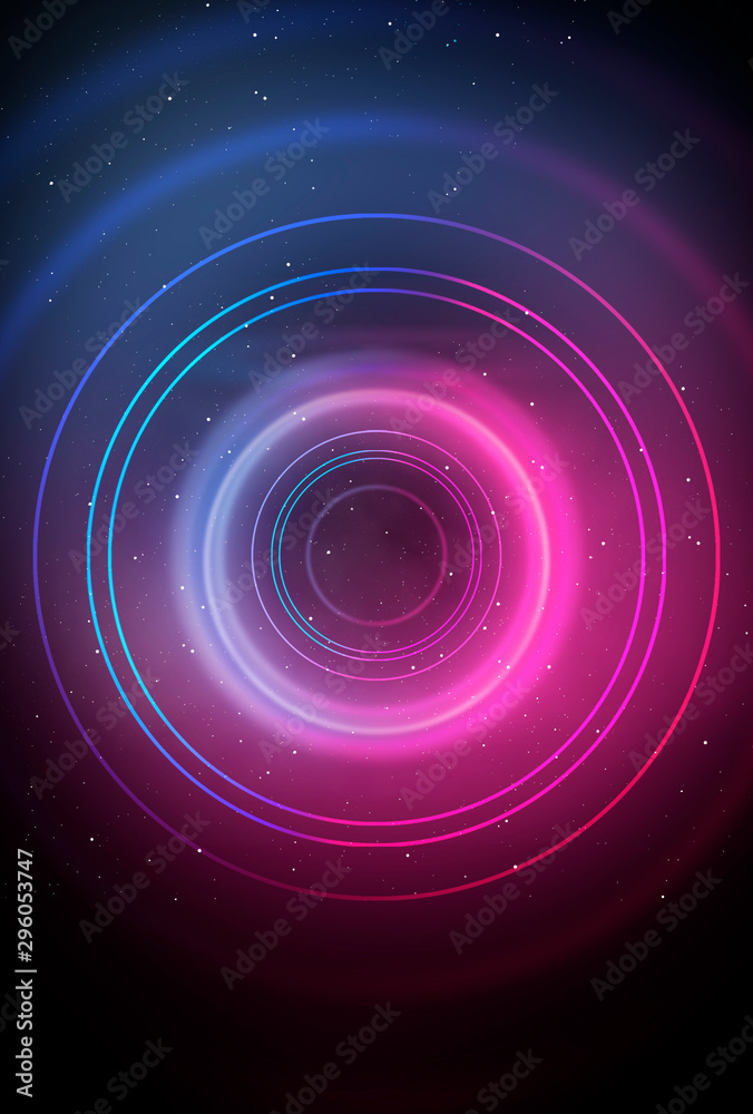 Neon circle on a dark street background, wet asphalt. Blue neon, smoke, smog. Night view of a street with neon. Abstract neon dark background. Neon circle on a dark street background, wet asphalt. Blue neon, smoke, smog. Night view of a street with neon. Abstract neon dark background.