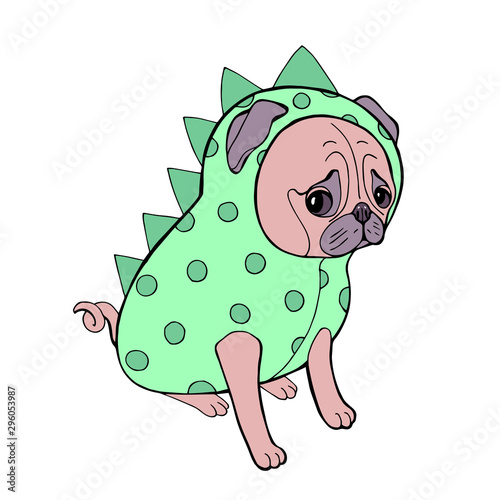 Cute dog breed pug in a dragon costume. It can be used for coloring book page
