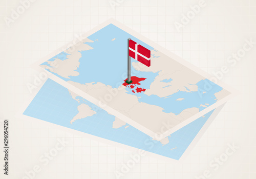 Denmark selected on map with isometric flag of Denmark. photo