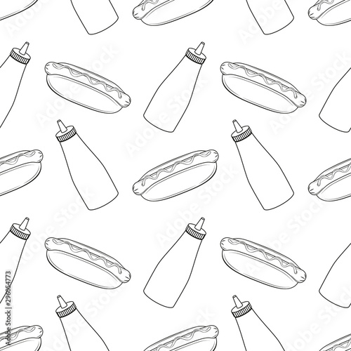 Seamless pattern with hot dogs and bottles of mustard and ketchup. Restaurant illustration. Fast food illustration. White background. Menu design. Vector illustration. Black and white.