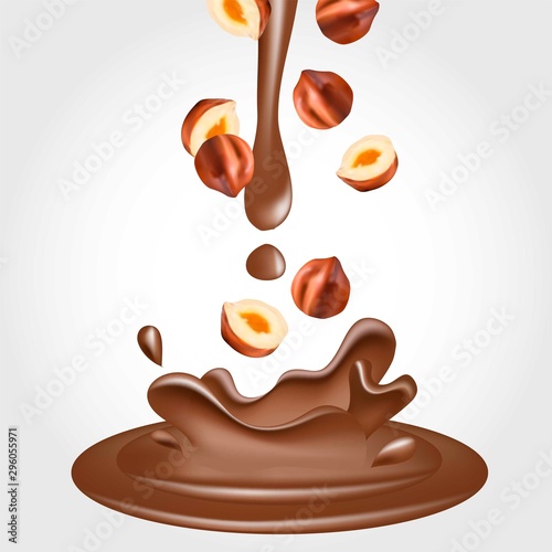 Vector 3D realistic illustration, splashes of chocolate with falling piece of hazelnuts.