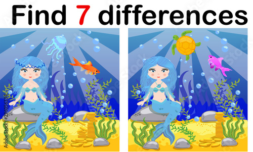Wallpaper Mural Find differences, game for children, mermaid underwater in cartoon style, education game for kids, preschool worksheet activity, task for the development of logical thinking. Torontodigital.ca