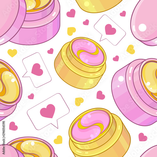 Seamless pattern golden and pink cosmetic eye patch. Cosmetic product for skin. Hydrogel patches under the eyes. ollagen mask. Korean cosmetics. Facial skin care. Beauty product
