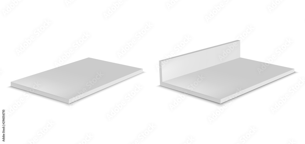 White realistic store shelves. Interior element White realistic store shelves. Interior element