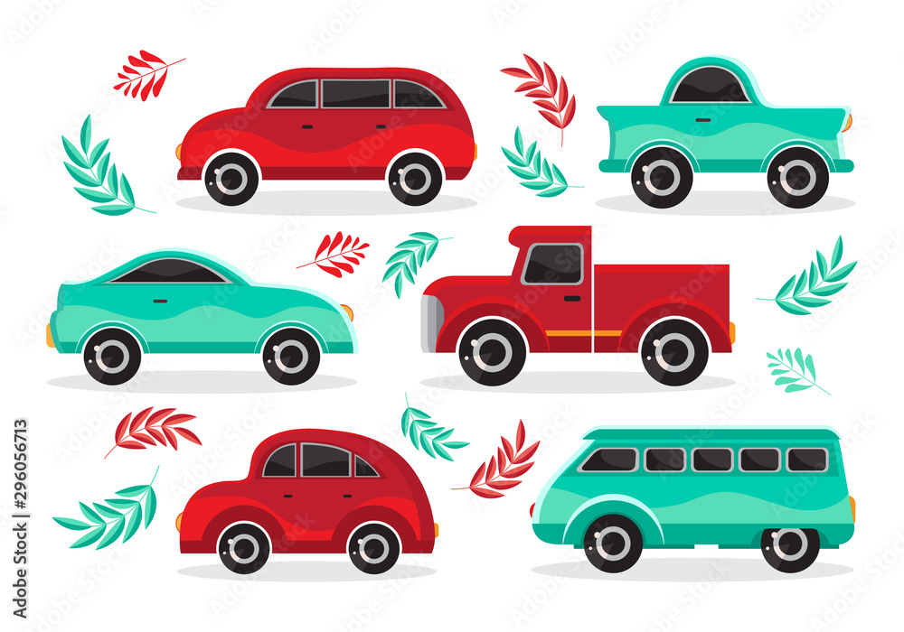 Set of green and red cartoon car in flat vector. Transport vehicle. Toy car in children s style. Fun design for sticker, logo, label. Isolated object on white background. The view from