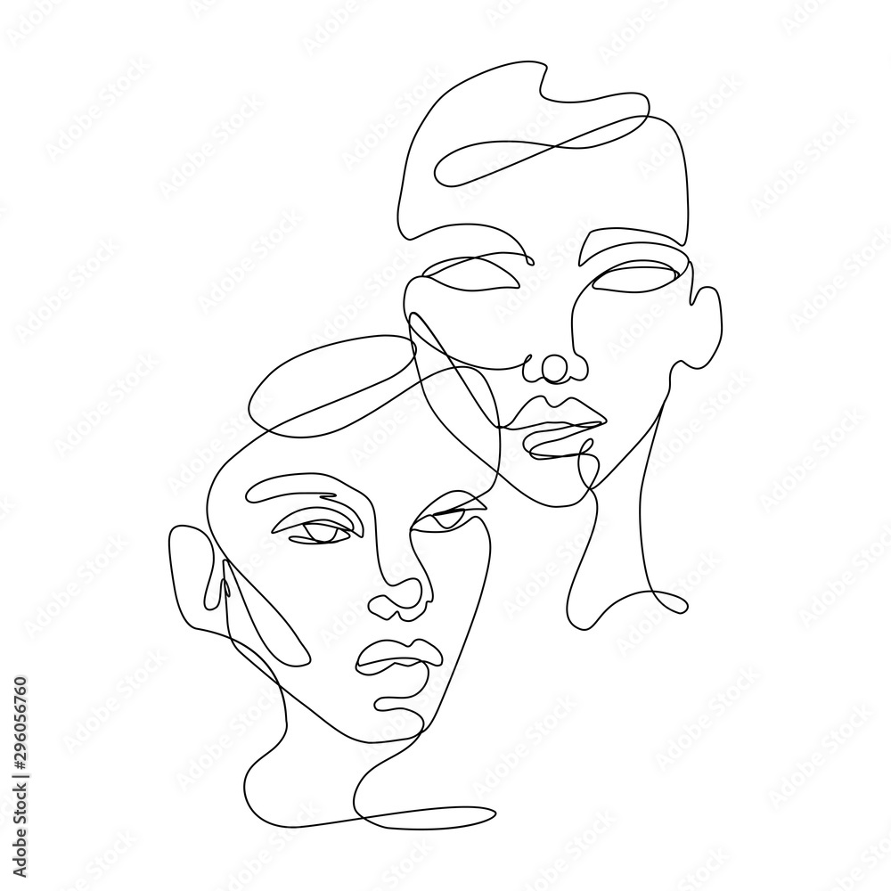 Continuous line vector drawing. Set of faces silhouettes. Abstract portrait.