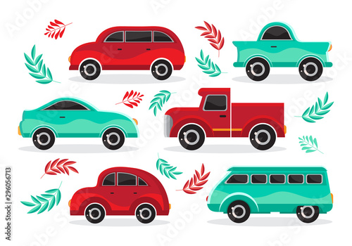 Set of green and red cartoon car in flat vector. Transport vehicle. Toy car in children s style. Fun design for sticker  logo  label. Isolated object on white background. The view from