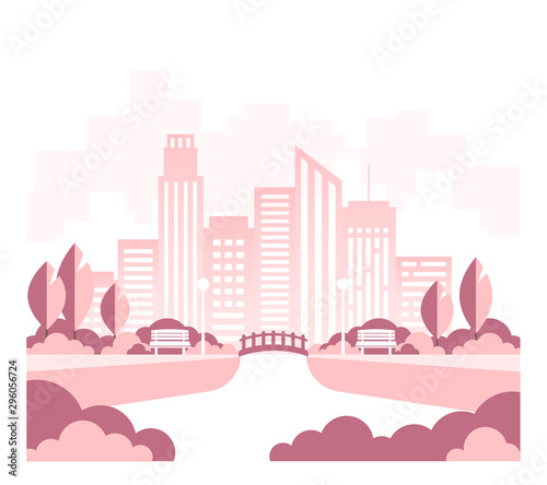 City landscape template. Downtown landscape with high skyscrapers, park, river, bridge. Urban life eps 10 vector illustration.