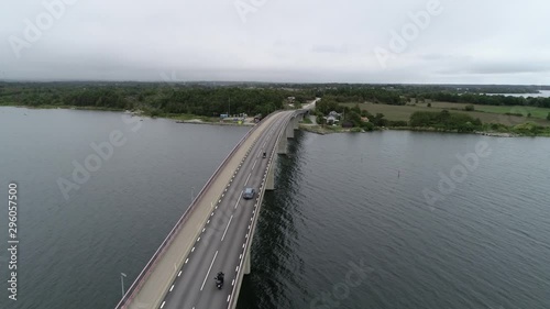 Wallpaper Mural Aerial view of Scandinavian landscape and bridge. Group of motorcyclist riding through the long modern bridge. Sweden, Oland region. Typical Swedish weather. Torontodigital.ca