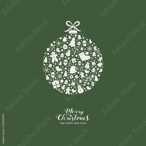 Christmas greeting card with festive ball and wishes. Vector