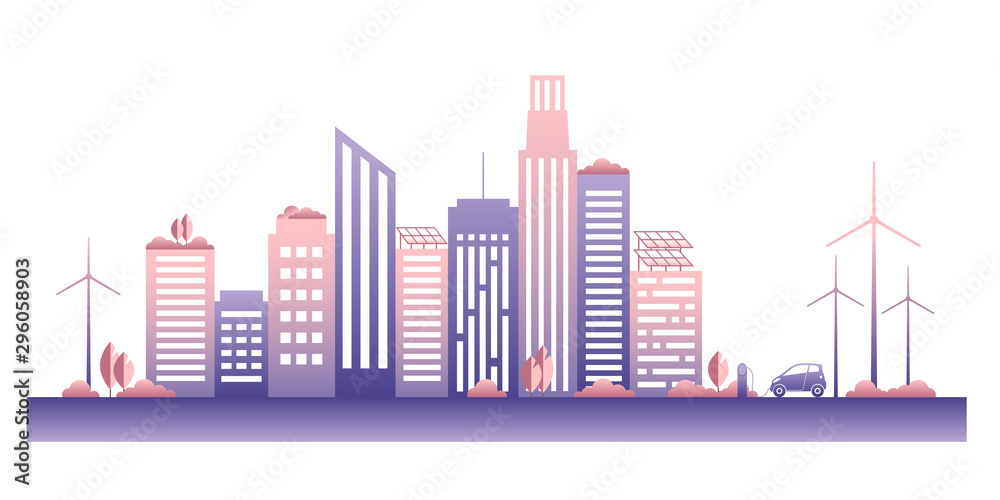 Eco city landscape template. Downtown landscape with high skyscrapers, windmills and sunbatteries. Urban life eps 10 vector illustration.