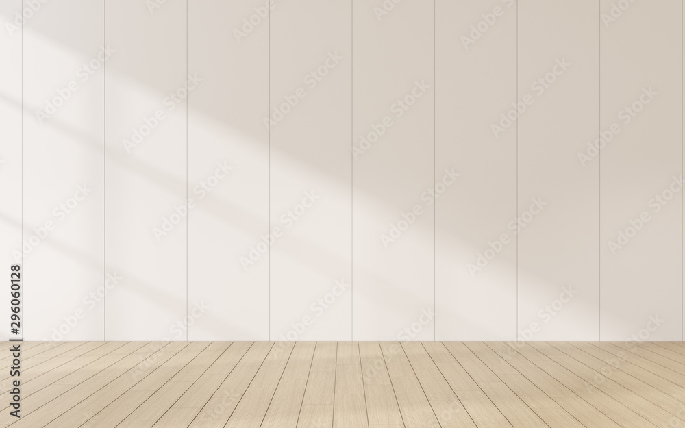 3D stimulate of empty room and wood plank floor with sun light cast shadow on the wall,Perspective of minimal interior design.