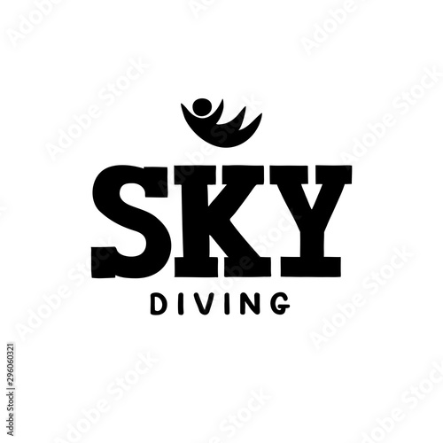Skydiving, bodyflying hand drawn lettering logo, emblem with silhouette of person.